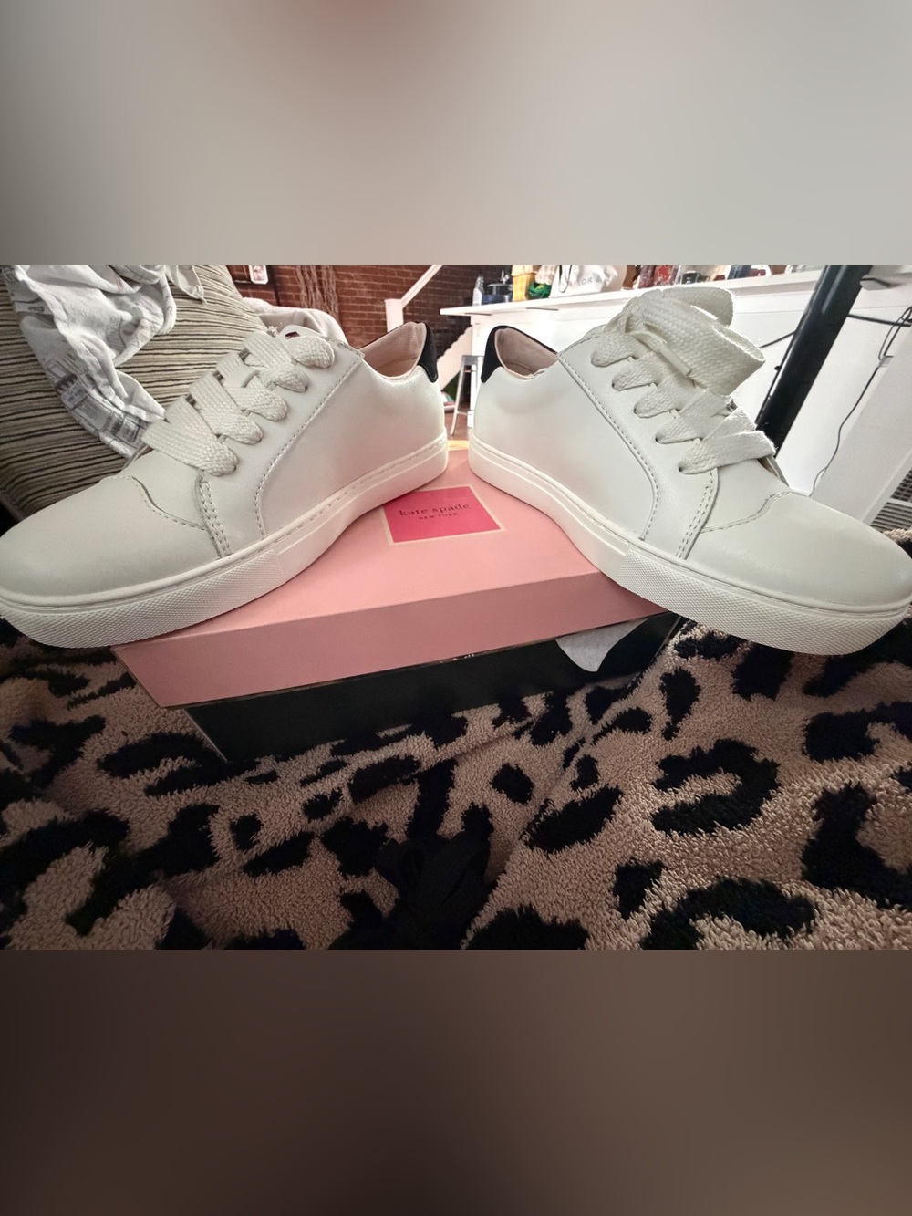 kate spade White Leather Sneakers with Black Heart Motif - Picture 4 of 9